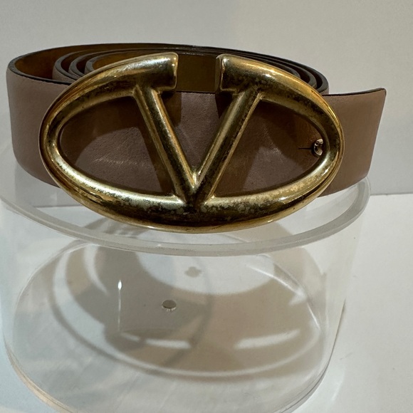Valentino Tan/Light Pink Logo Leather Belt with Gold V Buckle Sz 85 main image 7